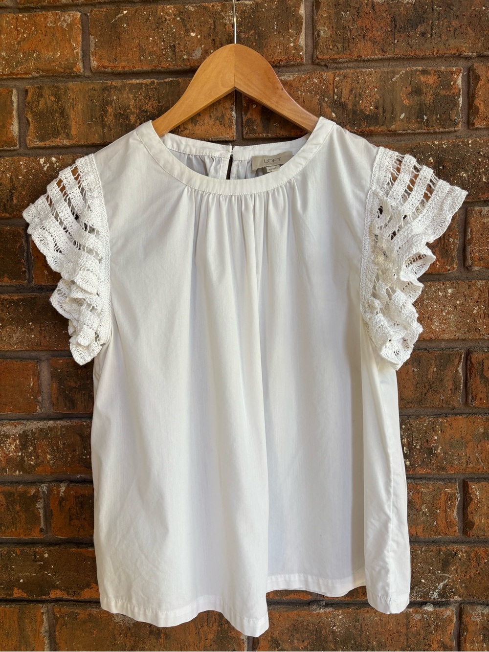 LOFT Outlet White Ruffle Crochet Sleeve Top